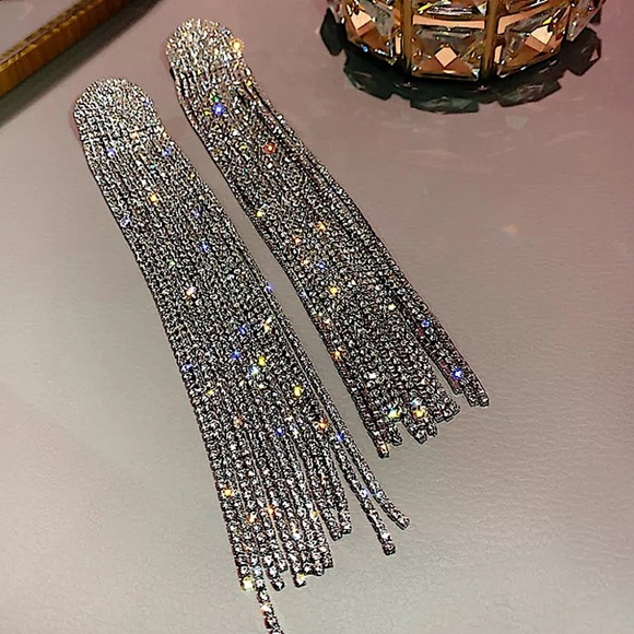 White Gold Plated Oversized Rhinestone Tassel Drop Earrings - Picture 3 of 4